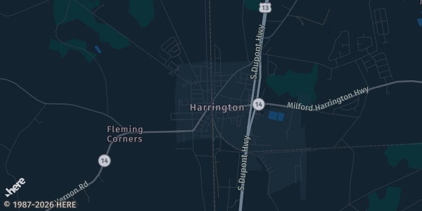 Map of Harrington, DE. The exact address of Delaware State Fairgrounds is not known, so the map shows the area rather than a specific building.