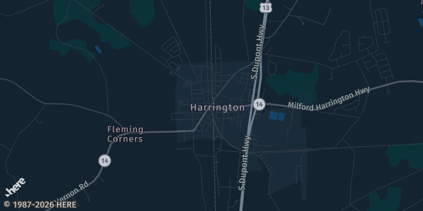 Map of Harrington, DE. The exact address of Delaware State Fairgrounds is not known, so the map shows the area rather than a specific building.
