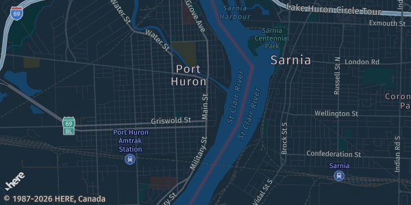 Map of Port Heron, MI. The exact address of Blue Water Comic Con is not known, so the map shows the area rather than a specific building.