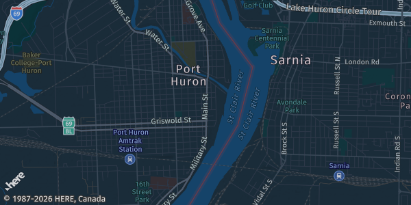 Map of Port Heron, MI. The exact address of Blue Water Comic Con is not known, so the map shows the area rather than a specific building.