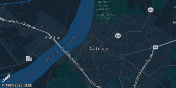 Map of Natchez, MS. The exact address of Natchez Convention Center is not known, so the map shows the area rather than a specific building.