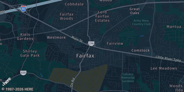 Map of Fairfax, VA. The exact address of Tea Do Fairfax is not known, so the map shows the area rather than a specific building.