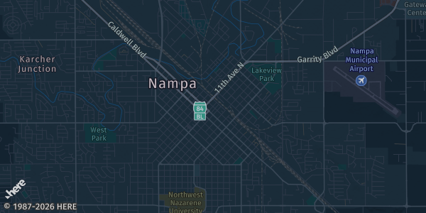 Map of Nampa, ID. The exact address of Nampa Civic Center is not known, so the map shows the area rather than a specific building.