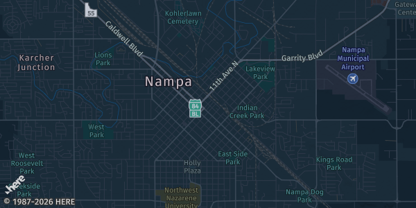 Map of Nampa, ID. The exact address of Nampa Civic Center is not known, so the map shows the area rather than a specific building.