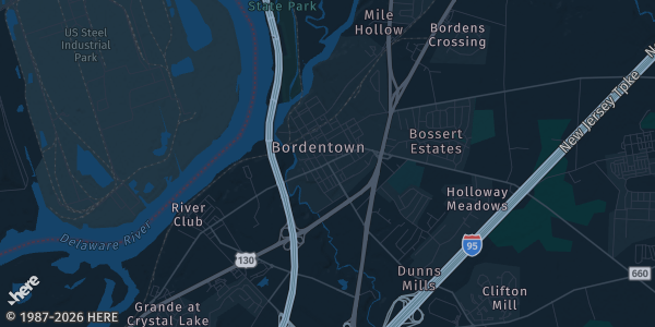 Map of Bordentown, NJ. The exact address of Bordentown Elks Lodge is not known, so the map shows the area rather than a specific building.