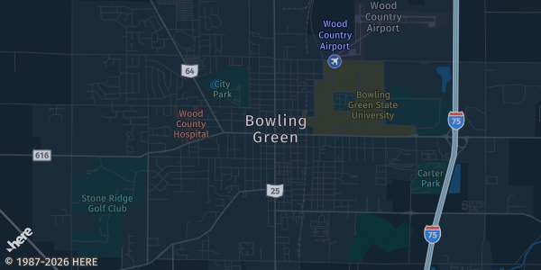 Map of Bowling Green, OH. The exact address of Wood County Fairgrounds (Jr. Fair Bldg) is not known, so the map shows the area rather than a specific building.