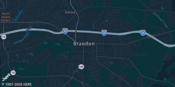 Map of Brandon, MS. The exact address of Public Library is not known, so the map shows the area rather than a specific building.