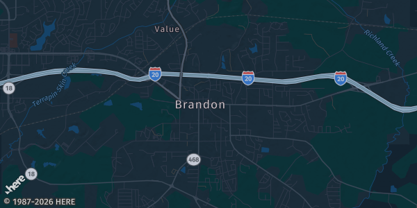 Map of Brandon, MS. The exact address of Public Library is not known, so the map shows the area rather than a specific building.