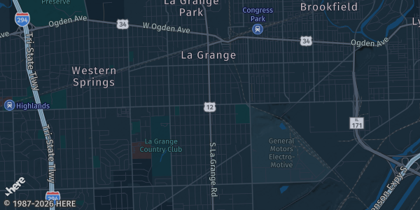 Map of La Grange, IL. The exact address of McCook Athletic & Exposition Center is not known, so the map shows the area rather than a specific building.