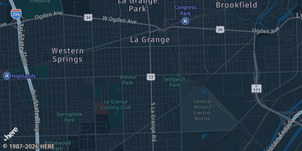 Map of La Grange, IL. The exact address of McCook Athletic & Exposition Center is not known, so the map shows the area rather than a specific building.