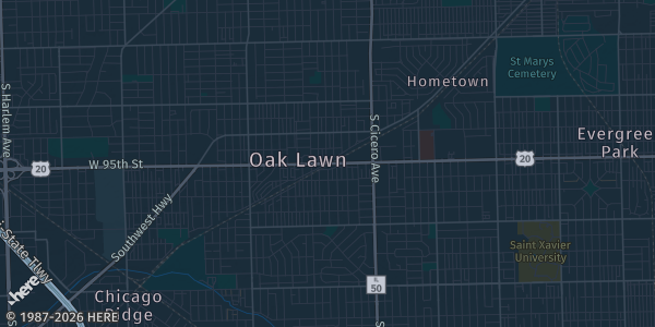 Map of Oak Lawn, IL. The exact address of Oak lawn Pavilion is not known, so the map shows the area rather than a specific building.