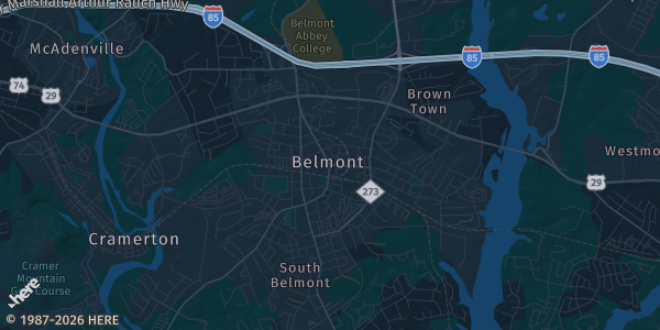 Map of Belmont, NC. The exact address of Belmont Foursquare Churc is not known, so the map shows the area rather than a specific building.