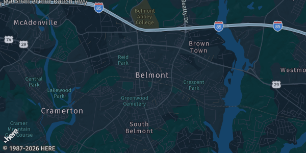 Map of Belmont, NC. The exact address of Belmont Foursquare Churc is not known, so the map shows the area rather than a specific building.