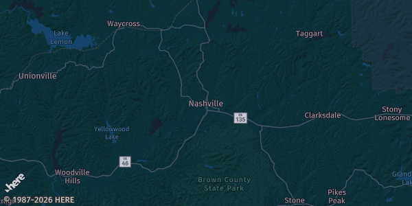 Map of Nashville, IN. The exact address of The Seasons Event Center is not known, so the map shows the area rather than a specific building.