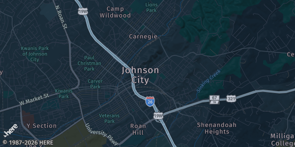 Map of Johnson City, TN. The exact address of Holiday Inn is not known, so the map shows the area rather than a specific building.