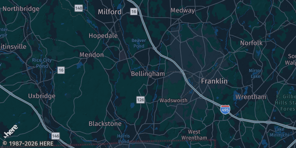 Map of Bellingham, MA. The exact address of Bellingham VFW is not known, so the map shows the area rather than a specific building.