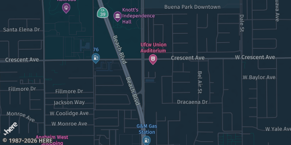 Map showing Retail Clerks Hall in CA.
