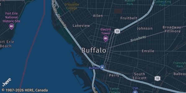 Map of Buffalo, NY. The exact address of Buffalo Convention Center is not known, so the map shows the area rather than a specific building.