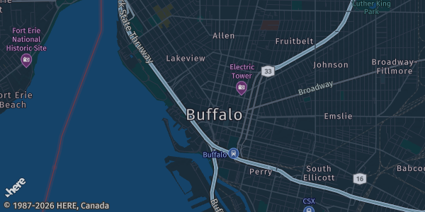 Map of Buffalo, NY. The exact address of The Powerhouse at Buffalo Color Park is not known, so the map shows the area rather than a specific building.