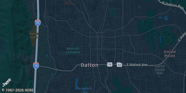 Map of Dalton, GA. The exact address of Dalton Trade Center is not known, so the map shows the area rather than a specific building.