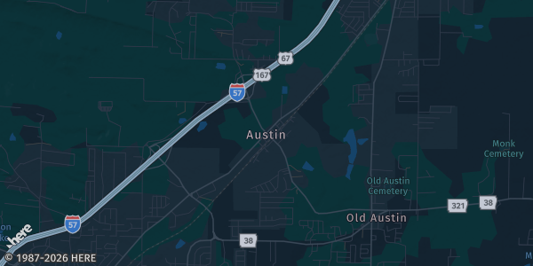 Map of Austin, AR. The exact address of The Grounds Event Center is not known, so the map shows the area rather than a specific building.
