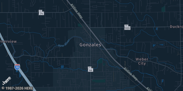 Map of Gonzales, LA. The exact address of Lamar-Dixon Expo Center is not known, so the map shows the area rather than a specific building.