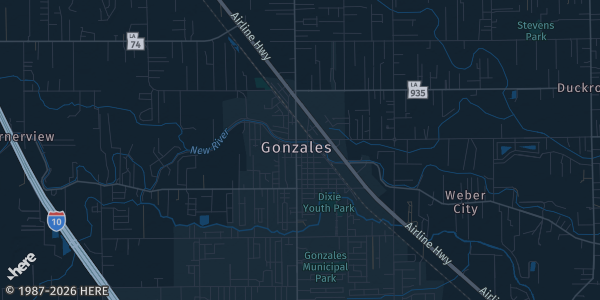 Map of Gonzales, LA. The exact address of Lamar-Dixon Expo Center is not known, so the map shows the area rather than a specific building.