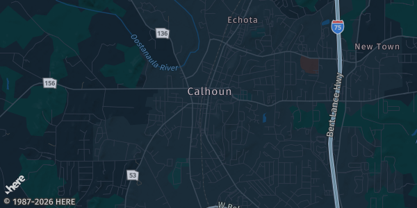 Map of Calhoun, GA. The exact address of Cherokee Capital Fairgrounds is not known, so the map shows the area rather than a specific building.