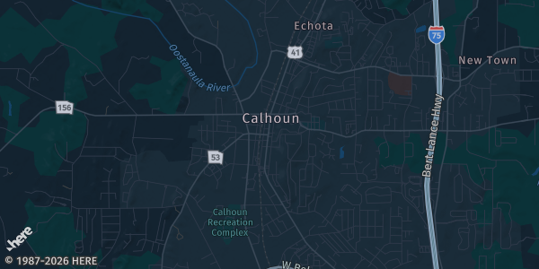 Map of Calhoun, GA. The exact address of Cherokee Capital Fairgrounds is not known, so the map shows the area rather than a specific building.