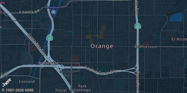 Map of Orange, CA. The exact address of California Comic Convention is not known, so the map shows the area rather than a specific building.