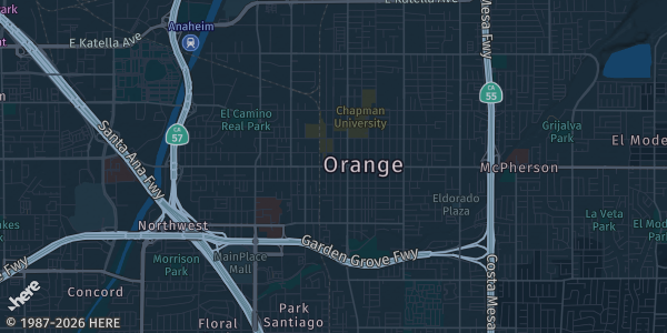 Map of Orange, CA. The exact address of California Comic Convention is not known, so the map shows the area rather than a specific building.