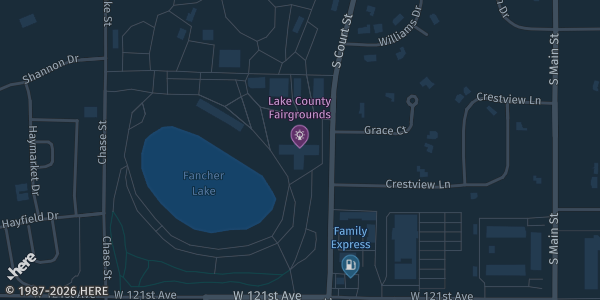 Map showing Lake County Fairgrounds 4H Building in Crown Point, IN.