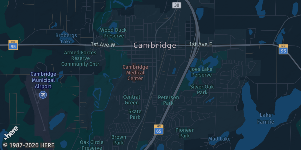 Map of Cambridge, MN. The exact address of Cambridge Primary School is not known, so the map shows the area rather than a specific building.