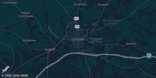 Map of Camden, SC. The exact address of Camden City Arena is not known, so the map shows the area rather than a specific building.
