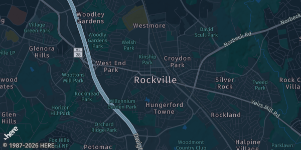 Map of Rockville, MD. The exact address of Hilton Washington DC/Rockville Hotel & Executive Meeting Center is not known, so the map shows the area rather than a specific building.