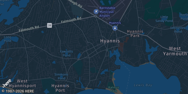 Map of Hyannis, MA. The exact address of Margaritaville Resort Hyannis Grand Ballroom is not known, so the map shows the area rather than a specific building.
