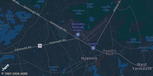Map of Barnstable, MA. The exact address of Margaritaville Resort Hyannis Grand Ballroom is not known, so the map shows the area rather than a specific building.