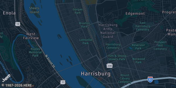 Map of Harrisburg, PA. The exact address of Progress Fire Hall is not known, so the map shows the area rather than a specific building.