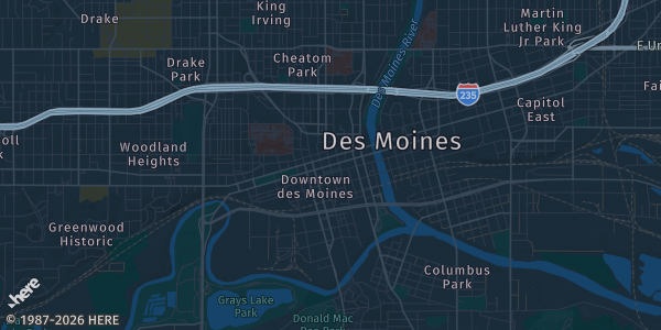 Map of Des Moines, IA. The exact address of Iowa Events Center is not known, so the map shows the area rather than a specific building.