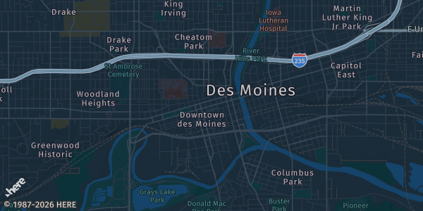 Map of Des Moines, IA. The exact address of Iowa Events Center is not known, so the map shows the area rather than a specific building.