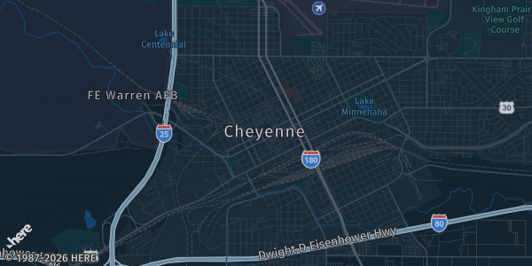 Map of Cheyenne, WY. The exact address of LCCC Union Pacific Centennial Rm 129/230 is not known, so the map shows the area rather than a specific building.