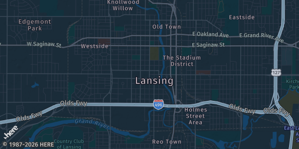 Map of Lansing, MI. The exact address of Capital City Comic Con is not known, so the map shows the area rather than a specific building.