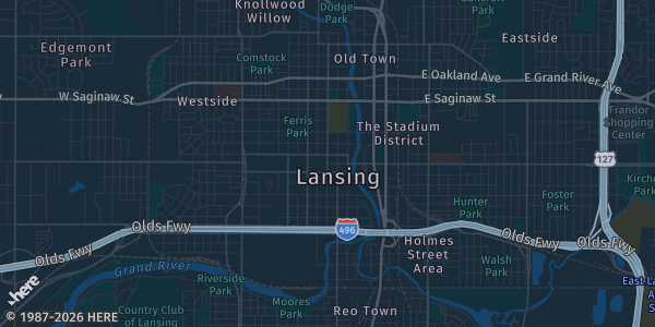 Map of Lansing, MI. The exact address of Capital City Comic Con is not known, so the map shows the area rather than a specific building.