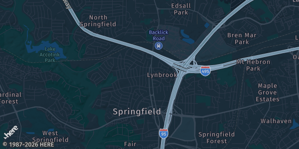 Map of Springfield, VA. The exact address of The St. James Performance Center is not known, so the map shows the area rather than a specific building.