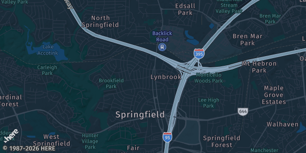 Map of Springfield, VA. The exact address of The St. James Performance Center is not known, so the map shows the area rather than a specific building.