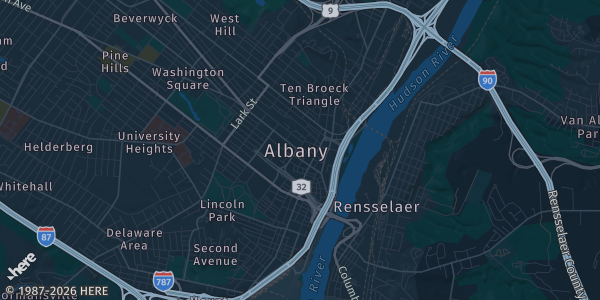 Map of Albany, NY. The exact address of Albany Capital Center is not known, so the map shows the area rather than a specific building.