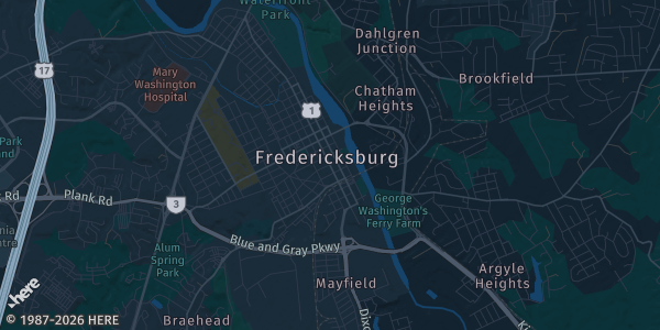 Map of Fredericksburg, VA. The exact address of Fredericksburg Convention Center is not known, so the map shows the area rather than a specific building.