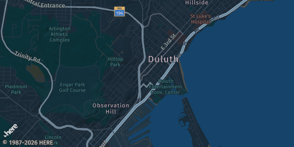 Map of Duluth, MN. The exact address of Miller Hill Mall is not known, so the map shows the area rather than a specific building.