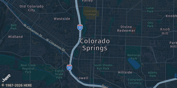 Map of Colorado Springs, CO. The exact address of Wackadoo Brewing is not known, so the map shows the area rather than a specific building.