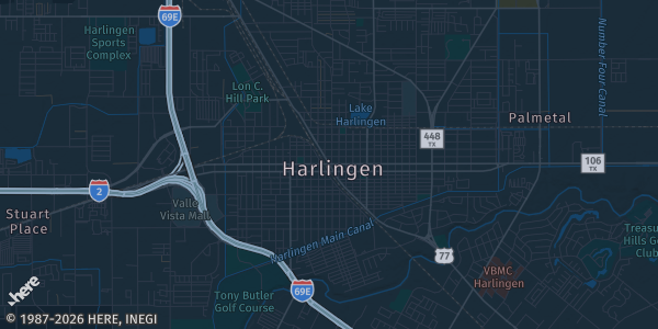 Map of Harlingen, TX. The exact address of Tsunami Sports is not known, so the map shows the area rather than a specific building.
